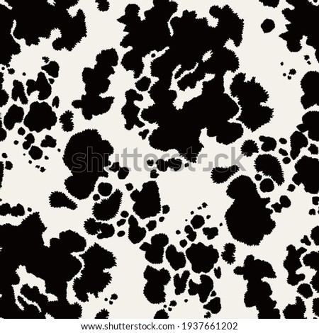 Animal seamless pattern. Cow hide. Animal skin texture with black spots on a white background. Mammals Fur. Leather print. Camouflage predator. Vector illustration.  