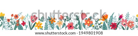 Floral border seamless pattern. Cute horizontal banner with hand drawn blooming flowers. Vector illustration on white background