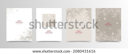 Christmas cards set. New year winter holiday greeting cards with snowflakes and branches of a Christmas tree on a neutral pastel beige and white background. Abstract trendy vector illustration 