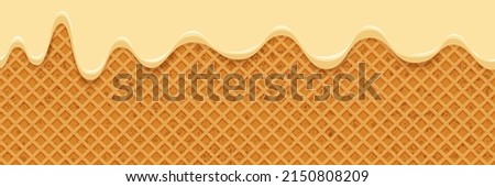 Сream melted on waffle background. Seamless pattern sweet ice cream flowing down on cone. Glaze or caramel dripping on wafer texture backdrop. Vector illustration