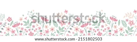 Floral border seamless pattern. Cute horizontal banner with hand drawn spring flowers. Vector illustration on white background