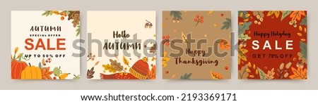 Fall season square templates. Thanksgiving and Harvest Day sale on social media. Cute and cozy autumn drawn design elements. Vector illustration 