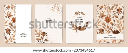 Thanksgiving Day card templates with
autumn watercolor foliage and flowers in warm brown tones. Vector illustration for greeting card, wedding invitation, poster, flyer, cover, banner, social media