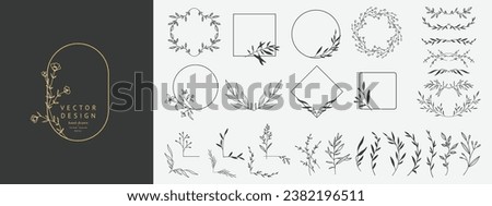 Hand drawn delicate floral borders, frames, dividers, corners with flowers and branches. Trendy greenery logo elements in line art style. Vector set for label, wedding invitation, save the date card 