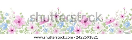 Floral border seamless pattern. Horizontal banner with cute hand drawn watercolor pink and blue flowers. Vector illustration