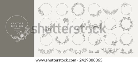 Elegant minimal style floral circle frame. Hand drawn botanical round borders and wreaths with branches, leaves and flowers in line art. Vector isolated set for wedding invitation, card, logo design