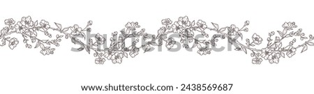 Floral border with blooming branches, leaves and flowers. Spring seamless horizontal background with beautiful hand drawn garland in line art style. Vector vintage illustration