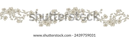 Floral border with blooming branches, leaves and flowers. Spring seamless horizontal pattern with a beautiful garland in line art style with neutral color. Vector vintage illustration