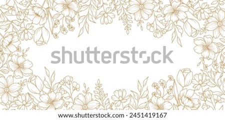 Gold floral line art frame. Luxury background with a bouquet of flowers, branches, leaves. Vector illustration with elegant vintage botanical decorative elements