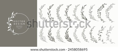 Hand drawn botanical floral elements in line art and silhouette style. Flowers, branches and leaves. Vector set for label, logo, corporate identity, wedding invitation, wreath, frame, border.