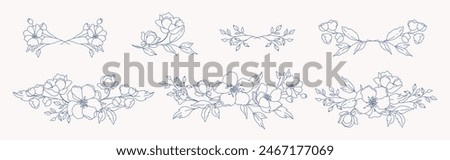 Hand drawn floral borders, frames, dividers with flowers and leaves. Trendy greenery elements in line art style. Vector for label, corporate identity, wedding invitation, card, logo, frame