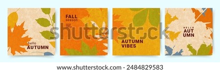 Autumn bright backgrounds with abstract leaves. Creative design templates in minimalist style for card, social media, celebration, ads, branding, banner, cover, label, poster, sale