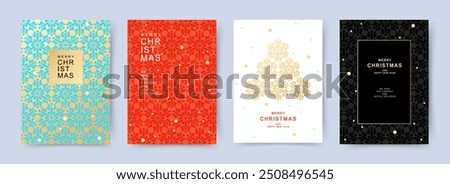 Merry Christmas and Happy New Year greeting card Set. Xmas backgrounds with beautiful snowflakes pattern. Holiday vector templates for banner, invitation, poster, advertising, social media