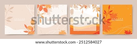 Autumn square backgrounds. Minimalistic style with elements of branches and leaves. Editable vector template for card, banner, invitation, social media post, poster, mobile app, web advertising