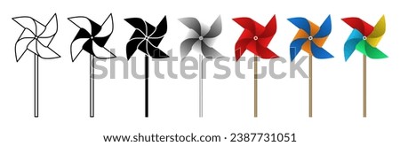 Pinwheel set, spinning toy with wooden stick. Isolated vector illustration on white background