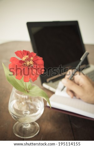 red flower in vase on desk male hand white something on book