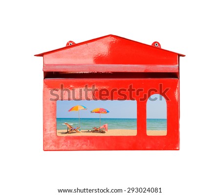 Beach chair and umbrella on sand beach in red mail box on white background, Delivery summer concept.