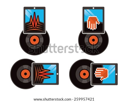 Vinyl Vector illustration, an illustration that connects the old vinyl technology with the modern tablets technology. Including two versions, one with a scratching hand and another with a sound wave.