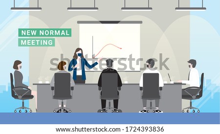 Business crisis loss profit. Meeting presentation after pandemic covid-19 corona virus. New normal is wearing mask in workplace. Flat design style vector concept