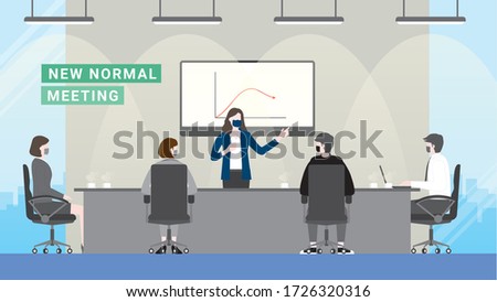 Business crisis loss profit. People meeting presentation after pandemic covid-19 corona virus. New normal is wearing mask in office workplace conference room. Flat design style vector concept.