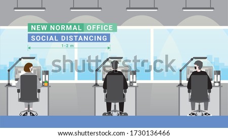Office people lifestyle after pandemic covid-19 corona virus. New normal is social distancing and wearing masks. Back view of employees keeping distance and work. Flat design style vector concept.