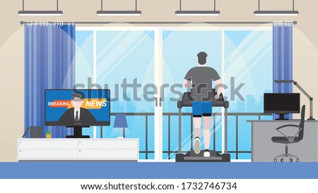 Man is living in condominium city view room. Exercise running on treadmill and listening news from screen. Relax daytime in holiday city lifestyle. Vector color flat style design.