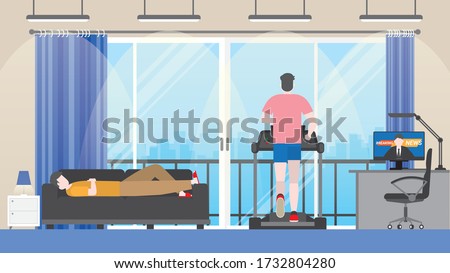 LGBT couple is living in condominium together. Room with city view. Listening news from screen. Man is napping on sofa and woman has exercise running on treadmill. Vector color flat style design.