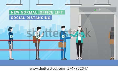 New normal city lifestyle. Office lift entrance after pandemic. Business people stand apart at queue line for temperature and hand sanitizer checkpoint. Protection is social distance and wearing mask.