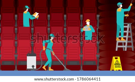 Cleaning crew team in cinema theater. Clean and check inspector professional service for protect the pandemic of COVID-19 coronavirus and the dirty. Re-opening business after quarantine.
