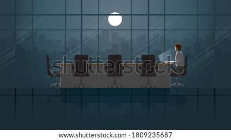 Employee working on laptop in office meeting room. Alone in the dark and light from full moon. Lonely people in the city. Lifestyle of work hard overtime and overwork. Idea illustration concept scene. Stock foto © 