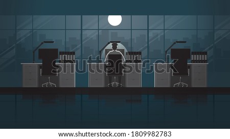 Employee man working on desktop computer in office workplace. Alone in the dark and full moon light. Lonely people in city. Lifestyle of work hard overtime and overwork. Back view idea concept scene.