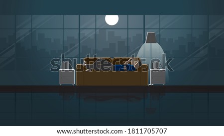 A man lay down on sofa and use smart phone stay in house. Alone in the dark and light from full moon and lamp. Lonely people city lifestyle relaxing after work. Idea illustration vector concept scene.