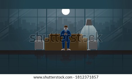 A man sitting on sofa and use smart phone in house living room. Alone in the dark and light from full moon and lamp. Lonely people city lifestyle relaxing after work. Idea illustration concept scene.