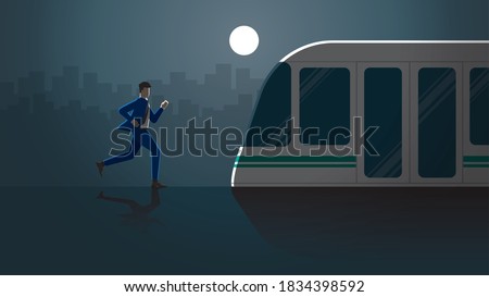 Hurry up concept of Businessman run for last train in public transportation station at dark night and full moon light. City lifestyle of work hard overtime and overwork occupation. Vector illustration