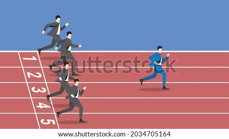 Business competition concept of businessman running in race rubber track. A successful competitive leader is a different entrepreneur from other competitors. A winning strategy to compete with rivals. Photo stock © 