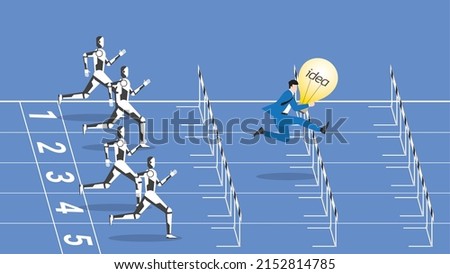 Business idea competition, contest,  rivalry in cyber technology concept. A businessman with a light bulb and a robot are competing. Human versus cyborg run on a racetrack and jump overcome obstacles.