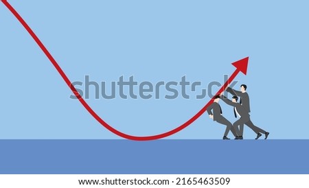 A minimal style of a red down graph of the financial crisis, economic downturn, inflation, recession, failure, bankruptcy, and crisis concept. Businessmen team push up decrease business chart diagram. Сток-фото © 