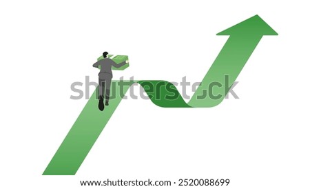 Vector illustration of a businessman holding a stack of banknotes while running on a green upward graph, financial growth, investment success, and business progress in a dynamic, forward move economy.