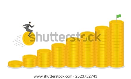 A businessman riding a coin forward on stacks of money toward a bar chart, business progress, financial success, and goal achievement in a growing economy with strategic investment and leadership.