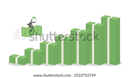 A businessman holds a green flag and riding on a banknote forward to money stacks bar chart up, business progress, financial success, target goal in a growing economy with investment and leadership.