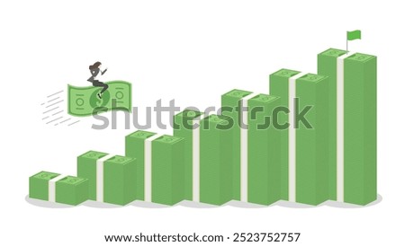 A businesswoman riding on a banknote forward to money stack bar chart rising, business progress, financial success, and goal achievement in a growing economy with strategic investment and leadership.