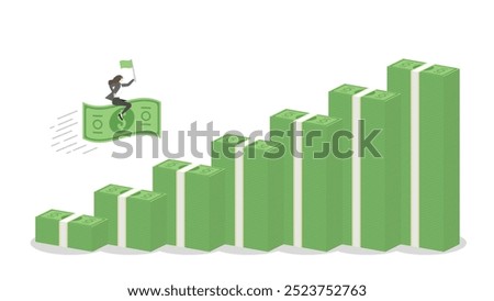 A businesswoman holds a green flag and riding on a banknote forward to money stacks bar chart up, business progress, financial success, target goal in a growing economy with investment and leadership.