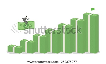 A businessman riding on a banknote forward to money stack bar chart rising, business progress, financial success, and goal achievement in a growing economy with strategic investment and leadership.