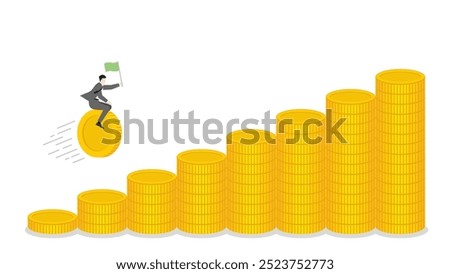 A businessman holds a green flag and riding on a coin forward to money stacks bar chart up, business progress, financial success, and target goal in a growing economy with investment and leadership.