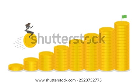 A businesswoman riding a coin forward on stacks of money toward a bar chart, business progress, financial success, and goal achievement in a growing economy with strategic investment and leadership.