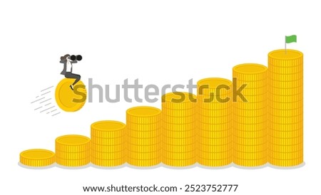 A businesswoman uses binoculars and riding a coin forward on stacks of money bar chart up, business progress, financial success, and target goal in a growing economy with investment and leadership.