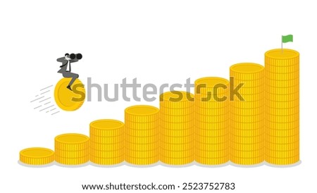 A businessman uses binoculars and riding a coin forward on stacks of money bar chart up, business progress, financial success, and target goal in a growing economy with investment and leadership.