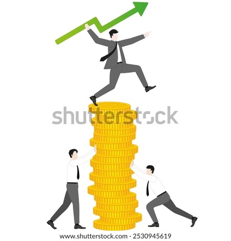 A businessman aims and throws a green arrow like a javelin on coins stack with teamwork support. Investment, financial success, business ambition, market opportunity, target goal, and wealth strategy.