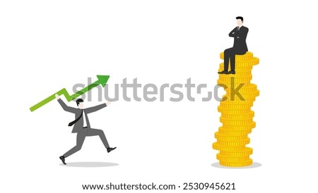 A businessman aiming and throwing a green arrow like a javelin to a rival sitting on coins stack. Competition, investment, financial success, business ambition, market opportunity, and target goal.