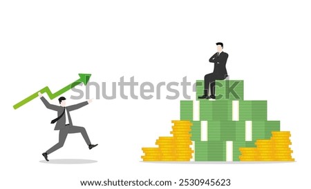 A businessman aiming and throwing a green arrow like a javelin to a rival sitting on money stack. Competition, investment, financial success, business ambition, market opportunity, and target goal.